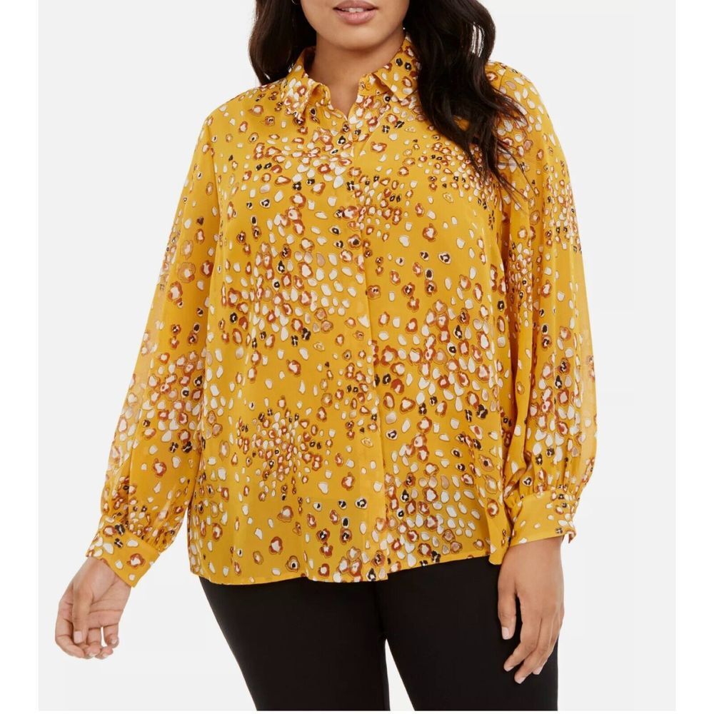 Alfani Abstract Leopard Printed Button Up Blouse Top 2X Career Office‎ Business